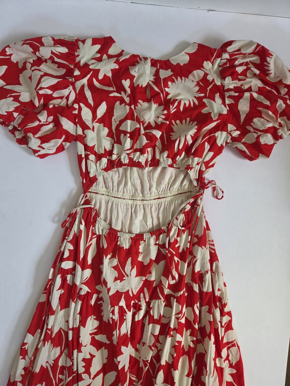 NWT Moon River red cream floral cutout puff sleeve cotton midi dress sz S - Picture 7 of 11